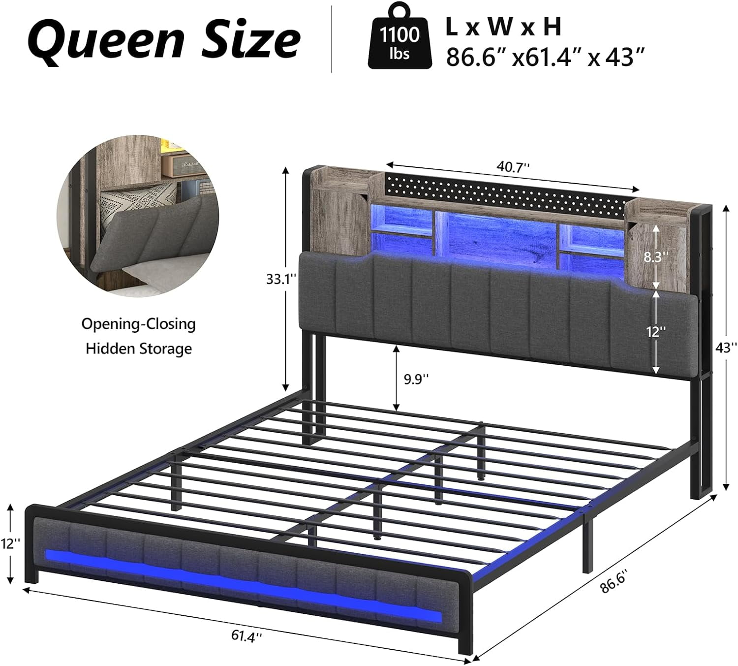 Queen Bed Frame with 3-Tier Headboard & 2 Hidden Storage, LED Lights Upholstered Bed Frame Queen Size with Charging Station, Platform Metal Bed Frame with Storage, No Box Spring Needed, Charcoal Gray