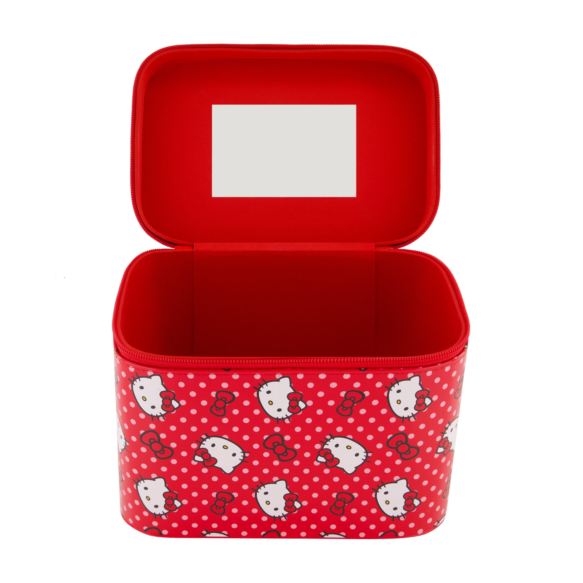 Hello Kitty Large Cosmetic Travel Case Organizer, Portable Makeup Box with Mirror and Dual Zipper, Red