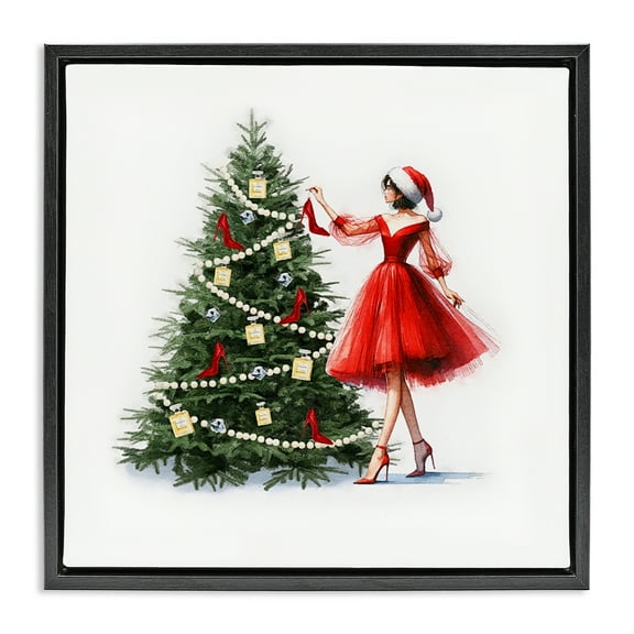 Stupell Industries Holiday Tree Glam Accessories Holiday Painting Black Floater Framed Canvas Art Prints Wall Art, 18 x 18
