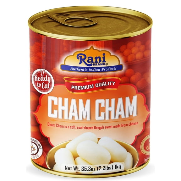 Rani Cham Cham (Oval-shaped Bengali Sweet) 35.3oz (2.2lbs) 1kg, Approximately 14 pieces, Easy Open Lid ~ Ready to eat | Gluten Free | Non-GMO | Kosher | Indian Origin