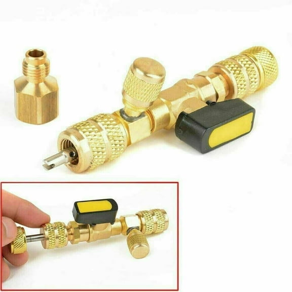 Dual Size HVAC Valve Core Remover and Installer Tool, 1/4" and 5/16" SAE, Brass Construction with Quarter-Turn Ball Valve for Loss-Free Refrigerant Recovery
