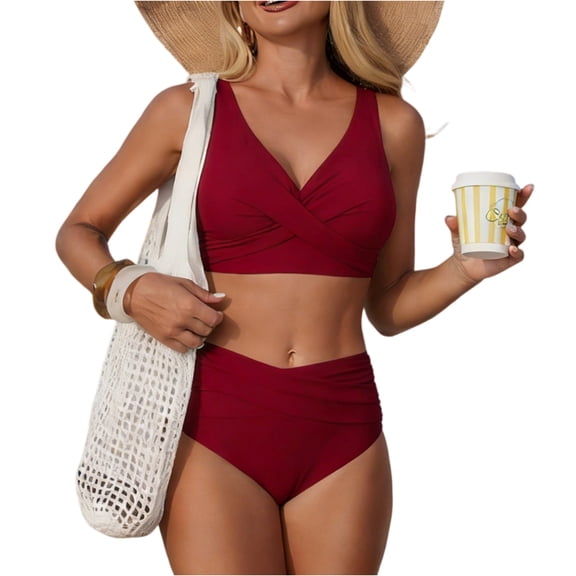 Women's Two Piece High Waisted Bikini Set Tummy Control Swimsuit Full Coverage Bathing Suit Wine XL