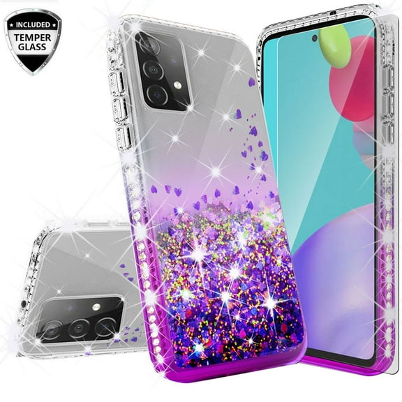 Case for Samsung Galaxy A52 Case with Tempered Glass Screen Protector Sparkle Glitter Flowing Liquid Quicksand Cute Women Girls Case - Clear/Purple