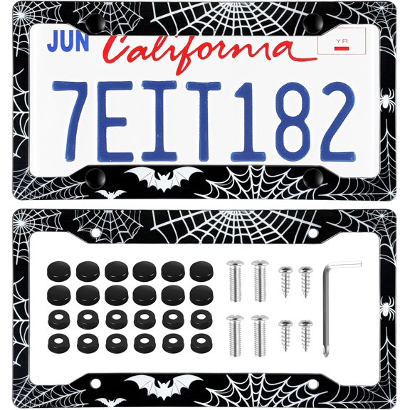 2PCS Spider License Plate Frames, 4 Holes Car Licence Plate Covers with Screws Washers and Caps, Halloween Car Exterior Accessories, License Plate Holder for US Vehicles (ABS)