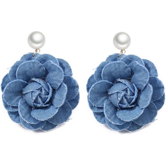Camellia Flower Dangle Earrings for Women Cowboy Statement Big Exaggerated Fabric Hoop Huggie Blue Floral Studs Gold Plated Long Drop Dangling Earring Fashion Jewelry Gifts