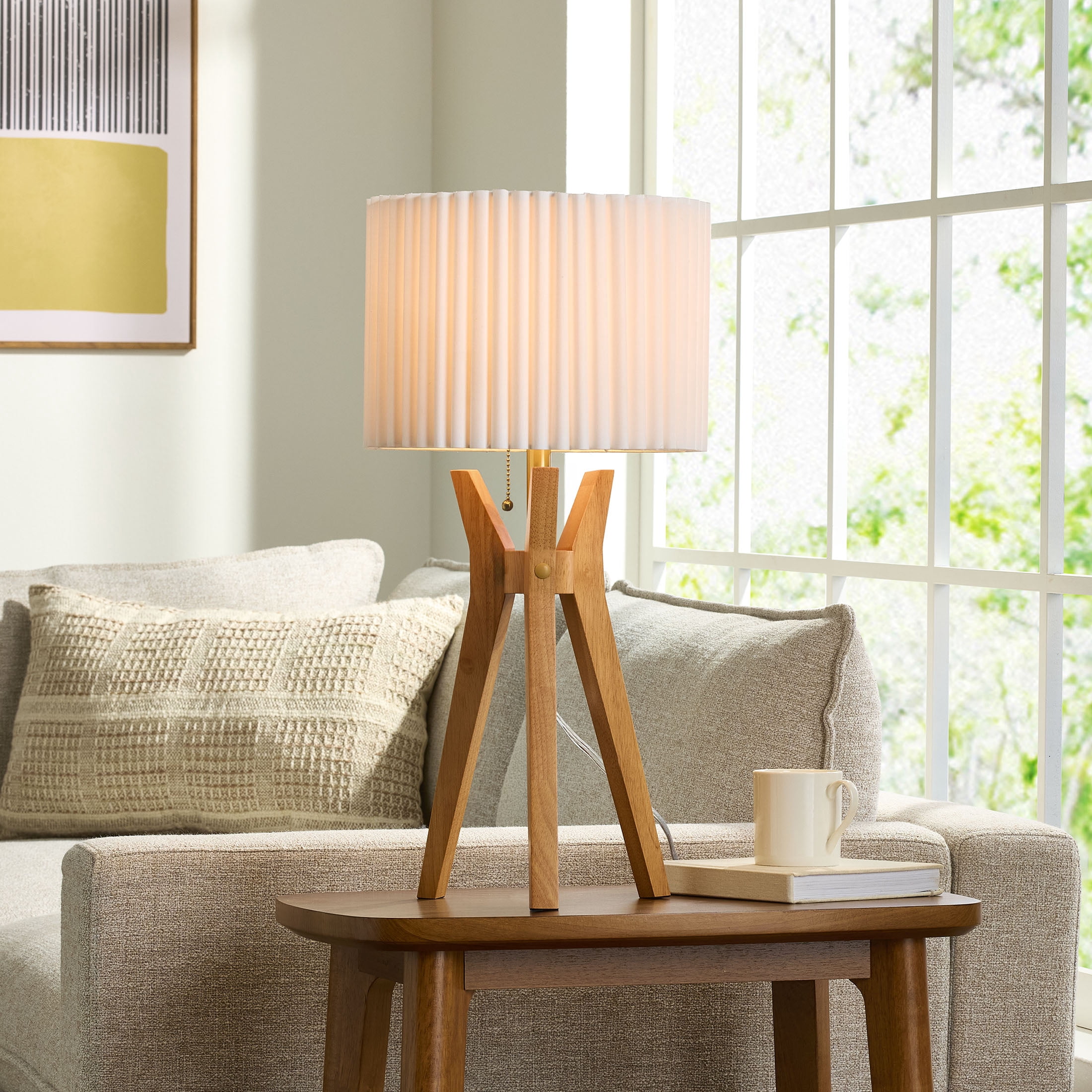 Better Homes & Gardens 24" Tripod Table Lamp with Natural Wood Base and Pleated Shade