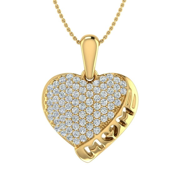 1/2 Carat Mom Word Diamond Heart Pendant Necklace in 10K Yellow Gold (Included Silver Chain)