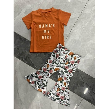 

Puloru Little Girls Outfit Short Sleeve Letter Top Printing Flared Trousers