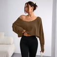 thumbnail image 6 of Womens Off Shoulder Long Sleeve Crop Tops Sexy Boat Neck Loose Casual T Shirt Coffee S, 6 of 6