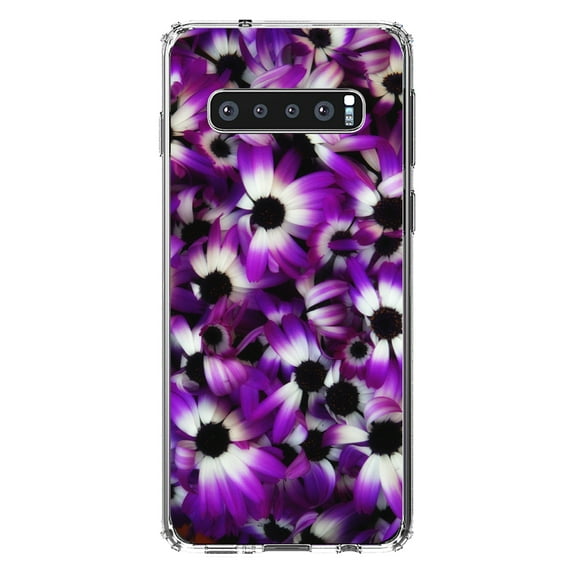 DistinctInk Clear Shockproof Hybrid Case for Samsung Galaxy S10 (6.1" Screen) - TPU Bumper, Acrylic Back, Tempered Glass Screen Protector - Purple White Black Flowers