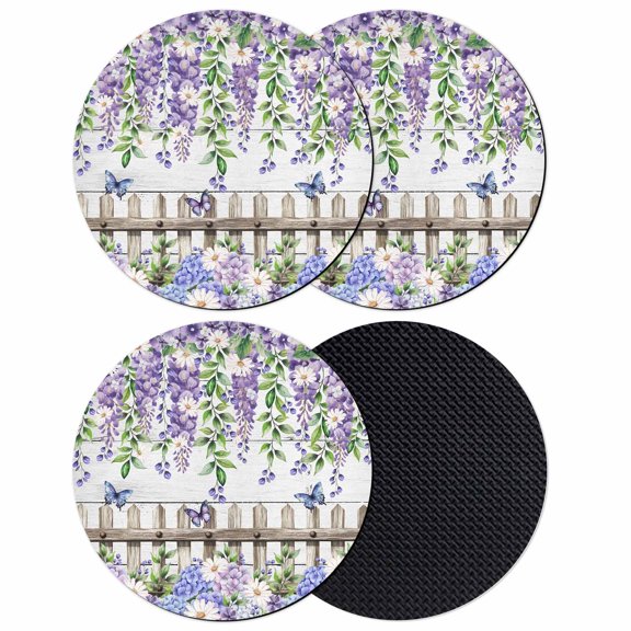 Spring Purple Flowers Coasters Set of 4, Absorbent Coasters for Drinks, Farmhouse Leaves Fences Gray Wood Coaster for Desk Coffee Table Protection, Home Decor House Warming Gifts 4"