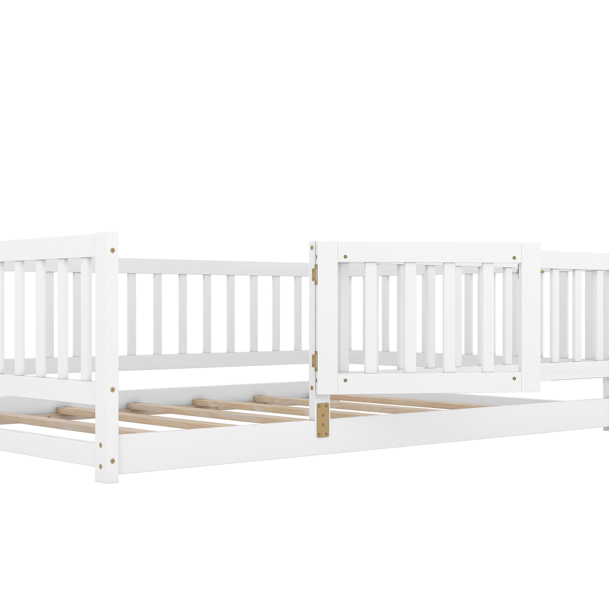 Full Size Montessori Floor Bed with Fence and Door, Solid Wood Kids Bed and Toddler Playhouse Bed with Slats, White