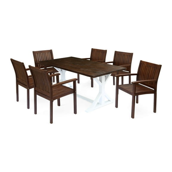 GDF Studio Mira Outdoor Acacia Wood 7 Piece Dining Set, Dark Brown and White