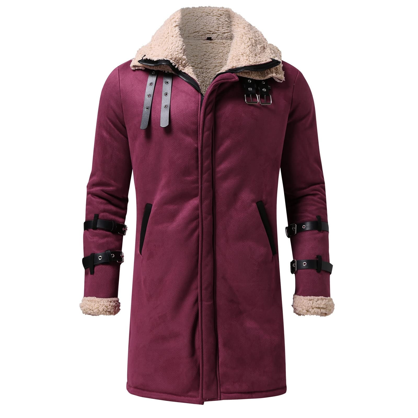 RongHuan Men's Big and Tall Faux Leather Coat Fleece Sherpa Lined Warm Trench Coats Winter Faux Fur Collar Jacket Thickened Long Sleeve Outwear