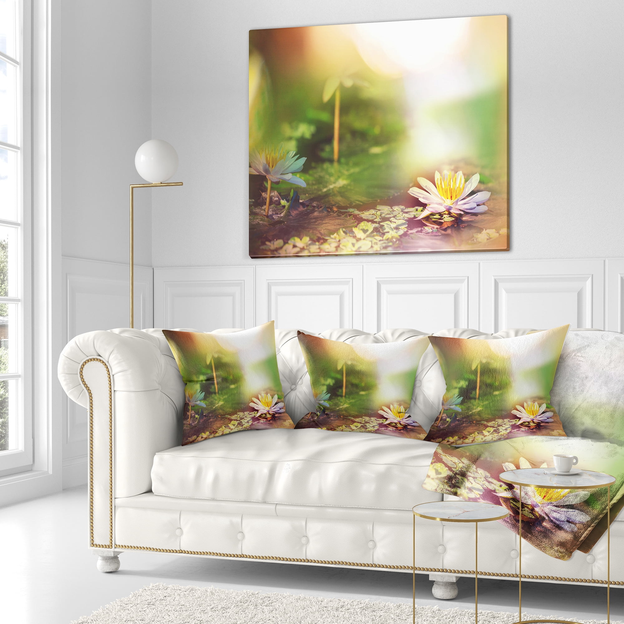 Designart Lotus Flowers on Green Background - Flower Throw Pillow - 16x16