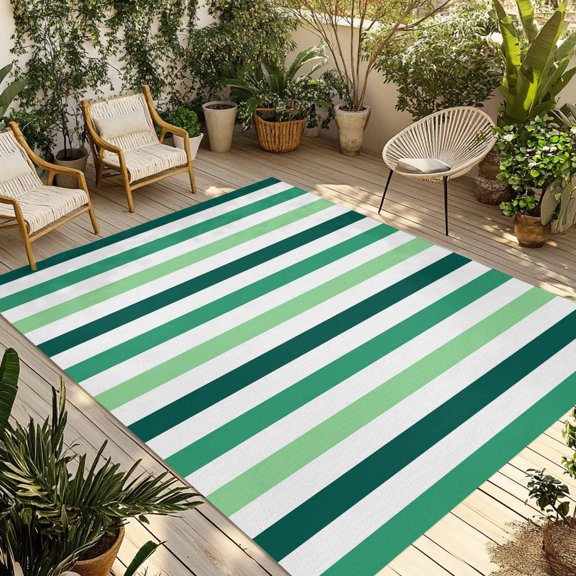 Green Striped Outdoor Area Rug 4x6ft Decorative Indoor Outdoor Rug Lines Stripes Patio Area Rug for Porch, Deck, Balcony, Entryway, Camping & RV