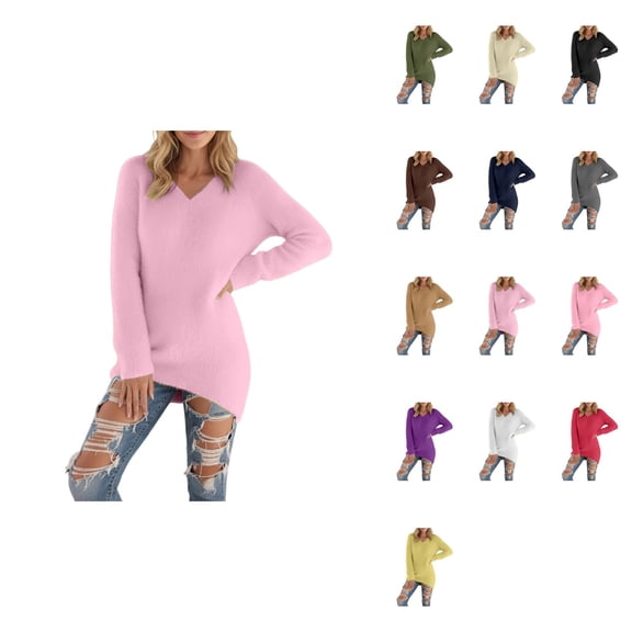 Winter Warmth Solid V-Neck Long Sleeve Fuzzy Pullover Sweater for Women – Plus Size Casual Thermal Soft Comfort Top for Fall & Winter