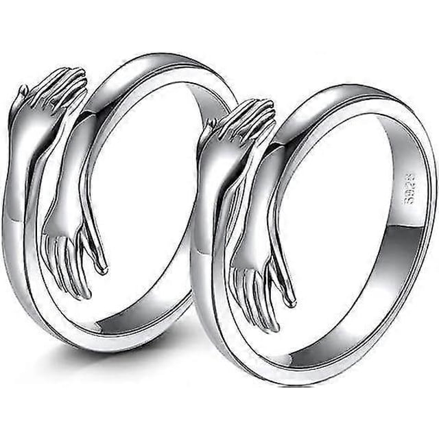 Set of 2 Hug Rings,Silver Hug Rings for Women Men Girls Hug Hands Rings Love Hugging Open Promise Ring Couples Wedding Statement Bands Adjustable Unis
