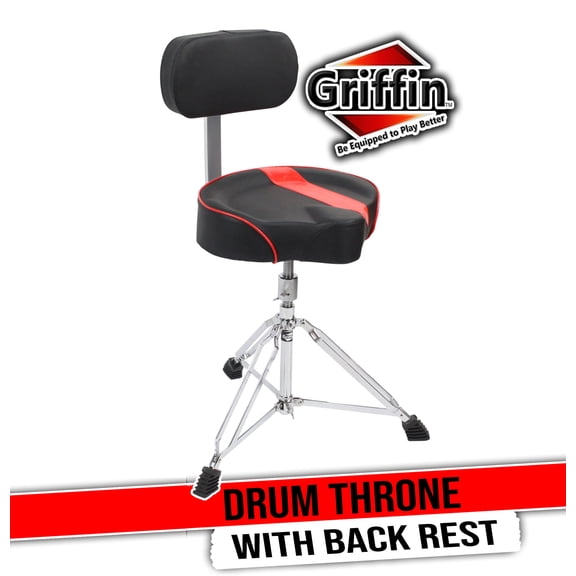 Griffin Drum Throne with Back Rest Support - Padded Leather Drummer Seat Motorcycle Saddle Style Chair - Swivel Adjustable Height Drum Chair for Adults Percussion Stool with Double Braced Hardware