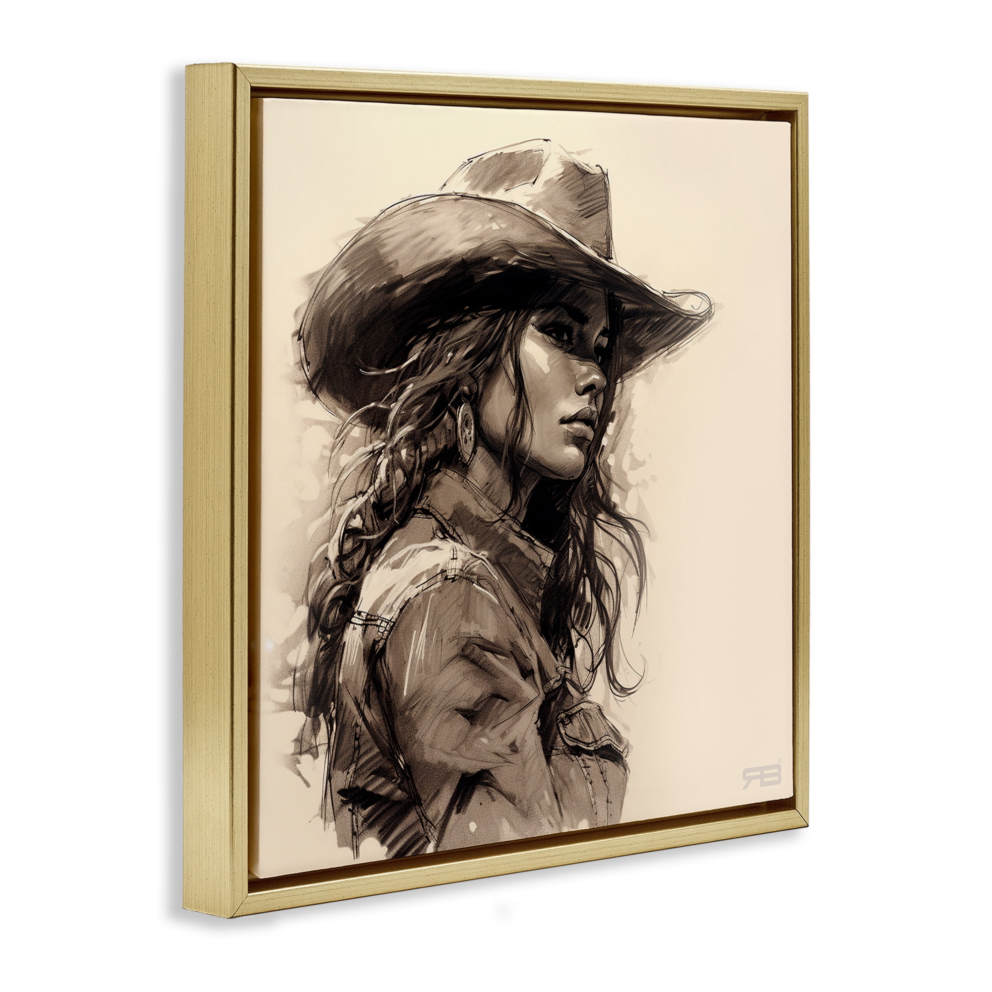 Stupell Industries Stoic Cowgirl Looking Away People Painting Gold Floater Framed Canvas Art Print Wall Art, 25 x 25