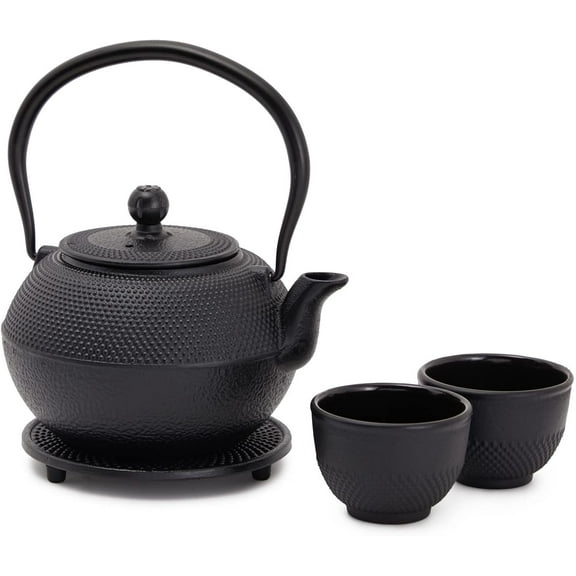 Cast Iron Teapot, Japanese Tetsubin Kettle Set with 2 Cups, Tea Infuser (1200 ml Teapot with Infuser) - Black