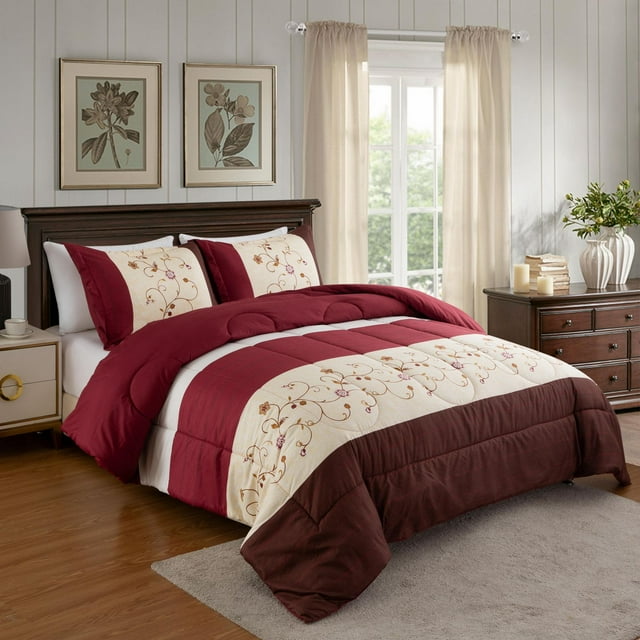 Ultra soft luxury burgundy and cream printed comforter set with cosmos floral pattern on bed in modern bedroom.
