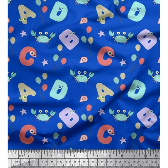 Soimoi Poly Georgette Fabric Crab,Balloons & Alphabets Kids Print Fabric by the Yard 52 Inch Wide
