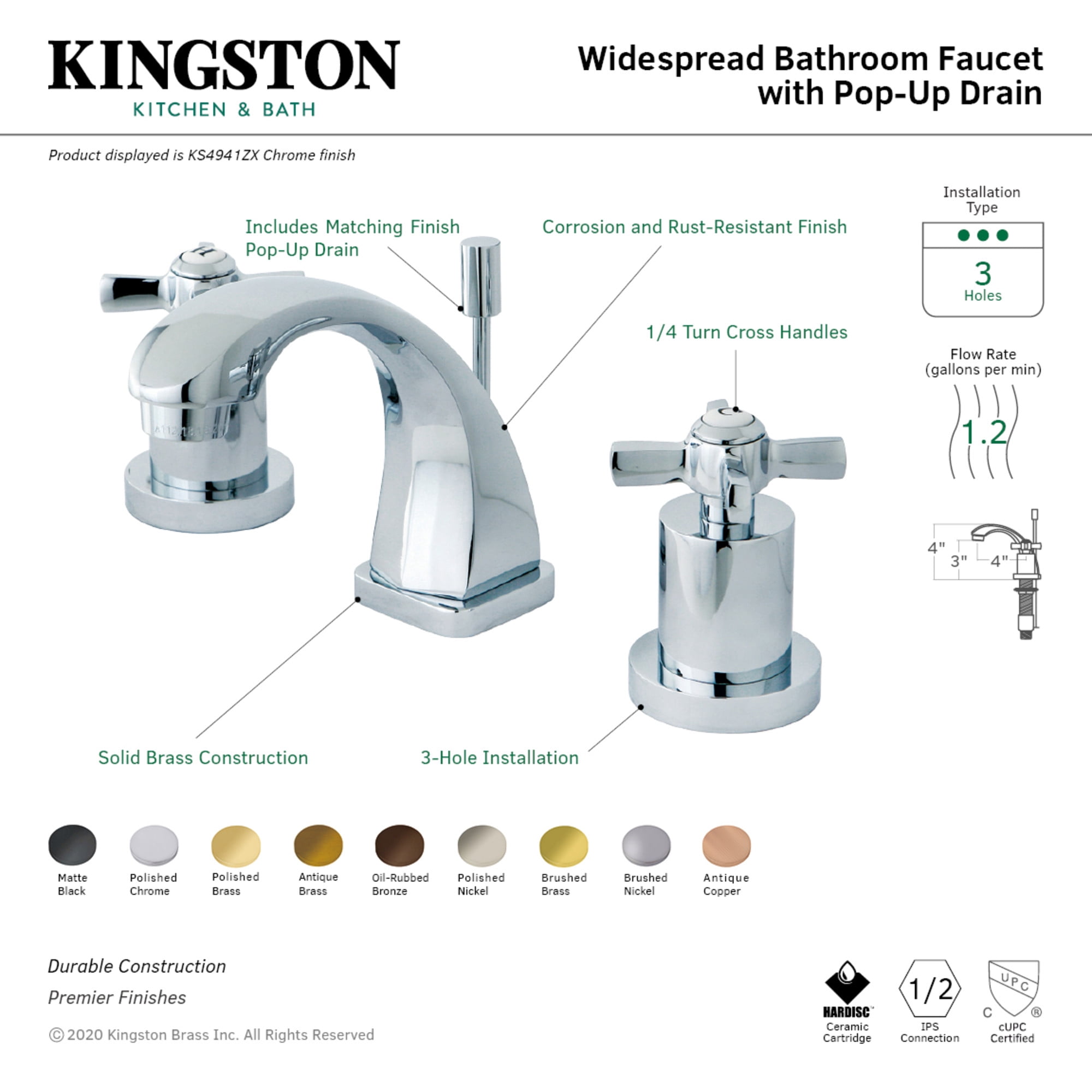 Kingston Brass KS4943ZX Millennium Widespread Bathroom Faucet with Brass Pop-Up, Antique Brass