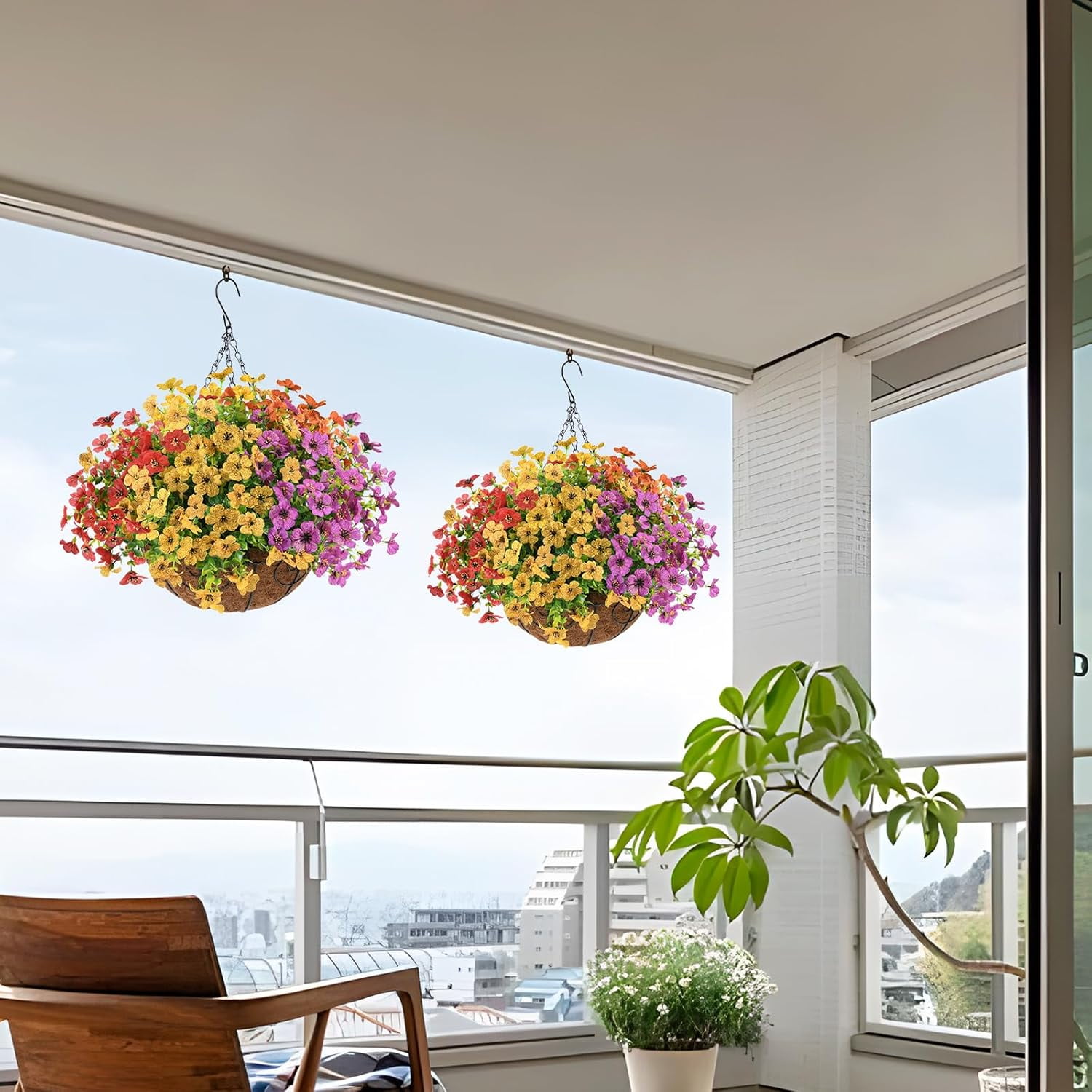 Artificial Faux Hanging Plants Flowers Basket for Summer Outdoor Decoration,Fake Silk Daisy in Planter Realistic UV Resistant Look Real for Porch Home Patio Balcony Yard(Multicolor)