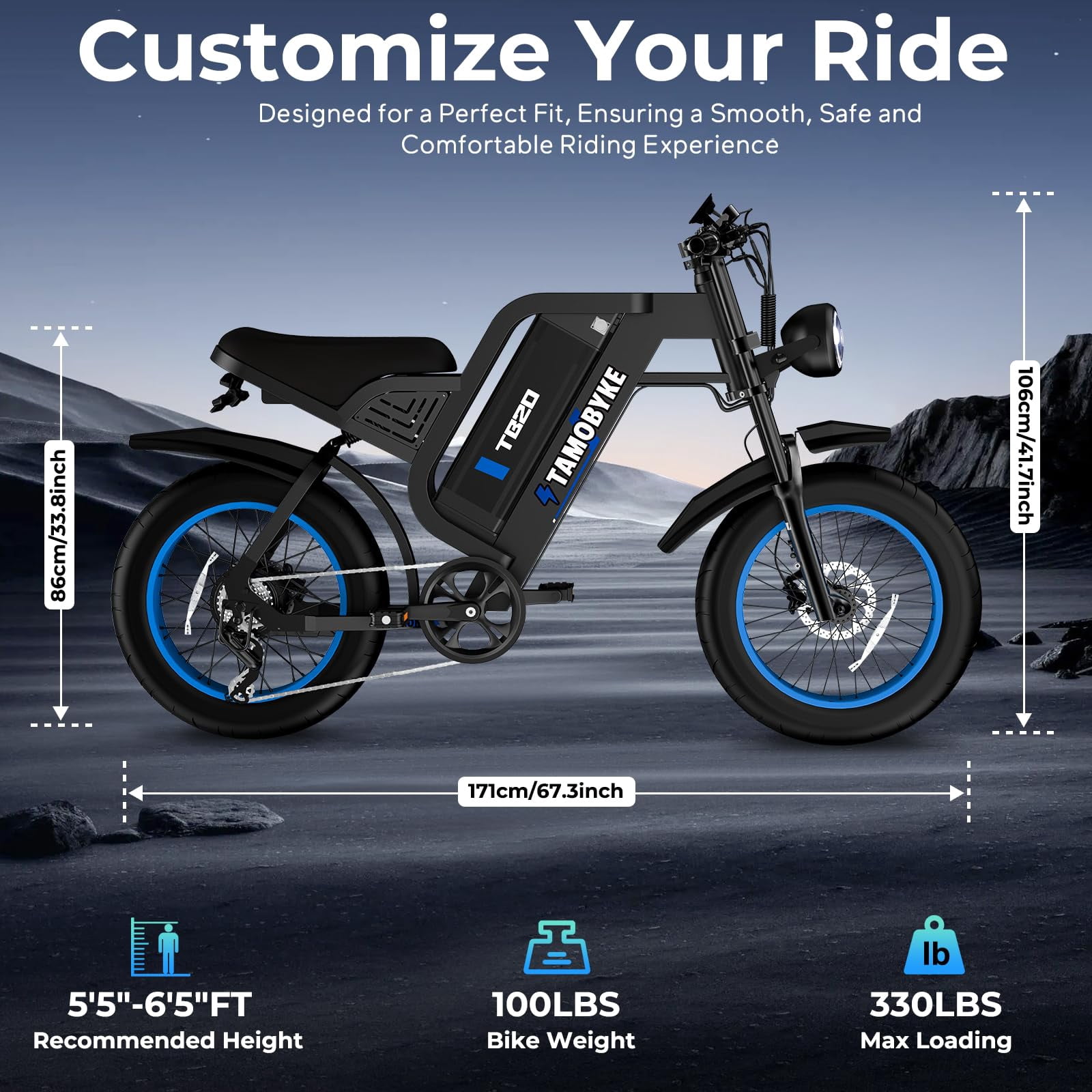 Tamobyke TB20 Electric Bike for Adults, Peak 2000W 35mph 48V 25Ah Mountain Ebike,20" Fat Tire Full Suspension UL2849