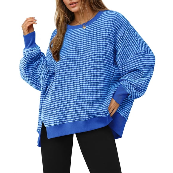 Sudadera oversize de punto waffle azul para mujer Fisoew