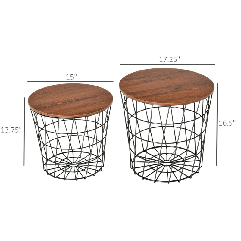 HOQBN End Table Set of 2, Nesting Tables with Storage, Round Accent Side Tables with Removable Top for Living Room, Black/Brown