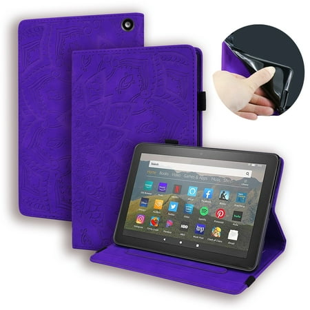 Dteck Folio Case For Amazon Kindle Fire HD 8 (10th Generation) / HD 8 Plus 2020 Tablet, Muilt-angle Viewing Stand Embossed PU Leather Folio Flip Case with Built-in Card Slots, Purple