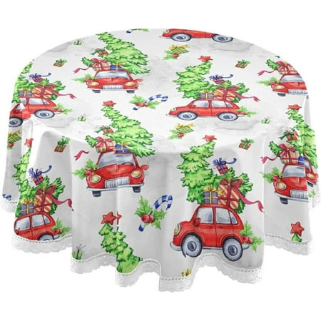 SKYSONIC 60" Christmas Tree Candy Round Tablecloth Red Car Table Cloth Cover Mat Washable Polyester Table Covers Dining Decorative Holiday Home Picnic Party Wedding