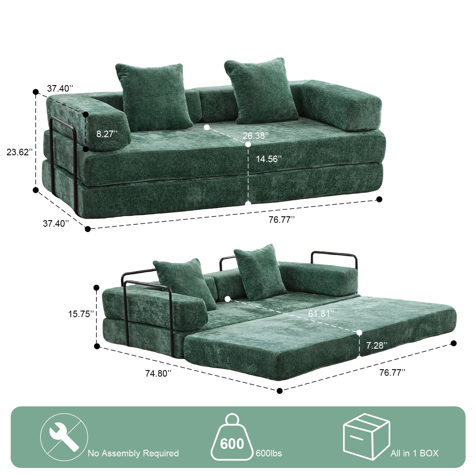 Miniyam 4 in 1 Convertible Floor Sofa Bed, Chenille Floor Couch with Armrest, Pillow for Living Room, Green