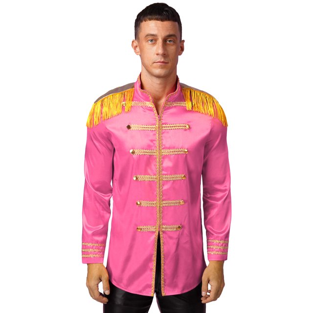 iiniim Mens 60s Hipper Costume High Slit Gold Trim Add Accessories Sergeant Icon Hippy Fancy Dress Up Hot Pink XL