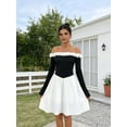 thumbnail image 4 of OYYNIIS Womens Off Shoulder Dresses Fashion Floral Trim Bell Sleeve Stretchy Fit Dress Graduation Wedding Guest Mini Short Dress, 4 of 5