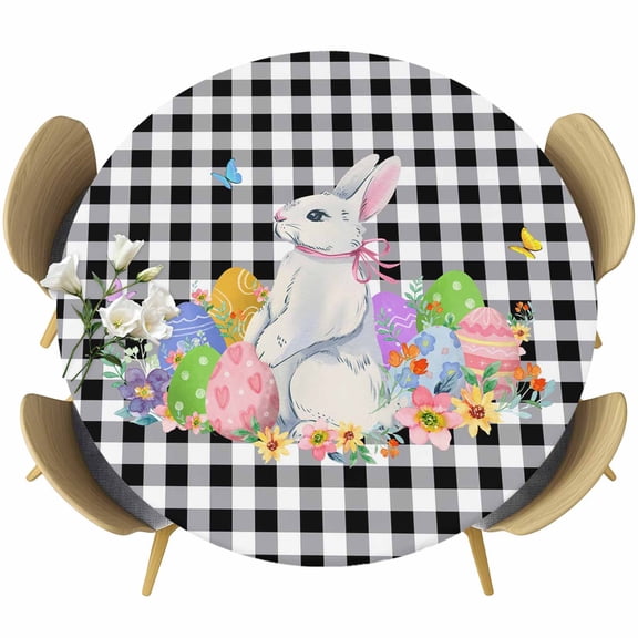 Bunny Easter Round Tablecloth, Fitted Table Cover with Elastic for 36"-44" Round Tables, Colorful Eggs Black White Checkered Table Cloth Outdoor Indoor Dinning Party Waterproof Tablecloths
