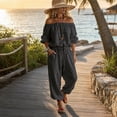 thumbnail image 3 of Quixlent Women's Off Shoulder Tie Waist Jumpsuit, Casual Half Sleeve Rompers, Summer One Piece Outfits with Pockets, 3 of 8