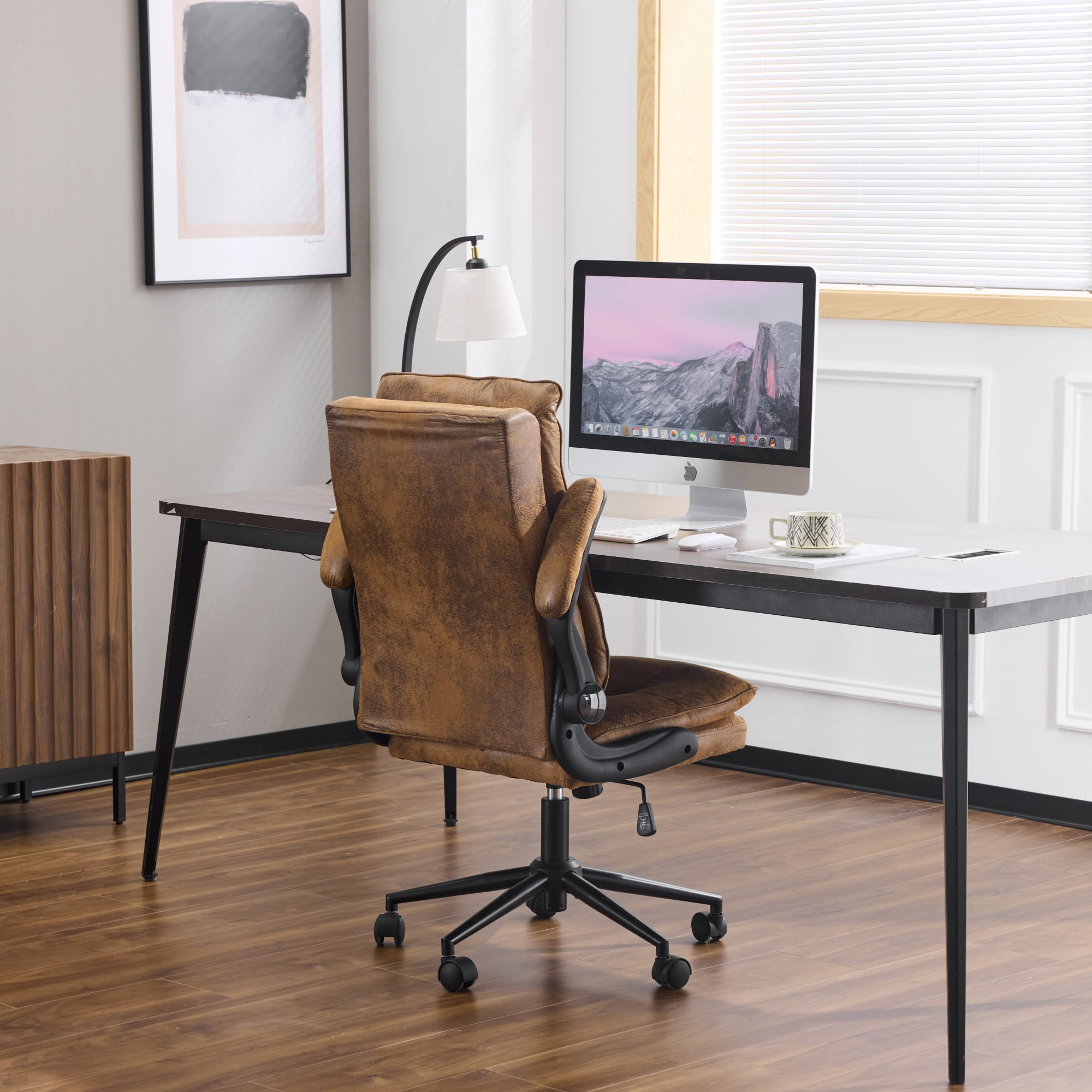 Ktaxon Swivel Office Chair – Desk Chair with Wheels, Flip-Up Armrests Brown