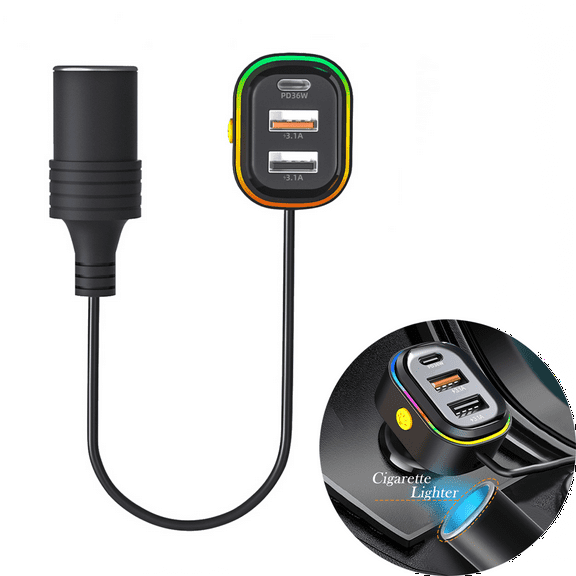 Black 36W Fast Car Charger with USB-C PD & Dual USB-A Ports   Cigarette Lighter – 12V/24V Compatible for iPhone, Samsung, Tablet, Car Vacuum