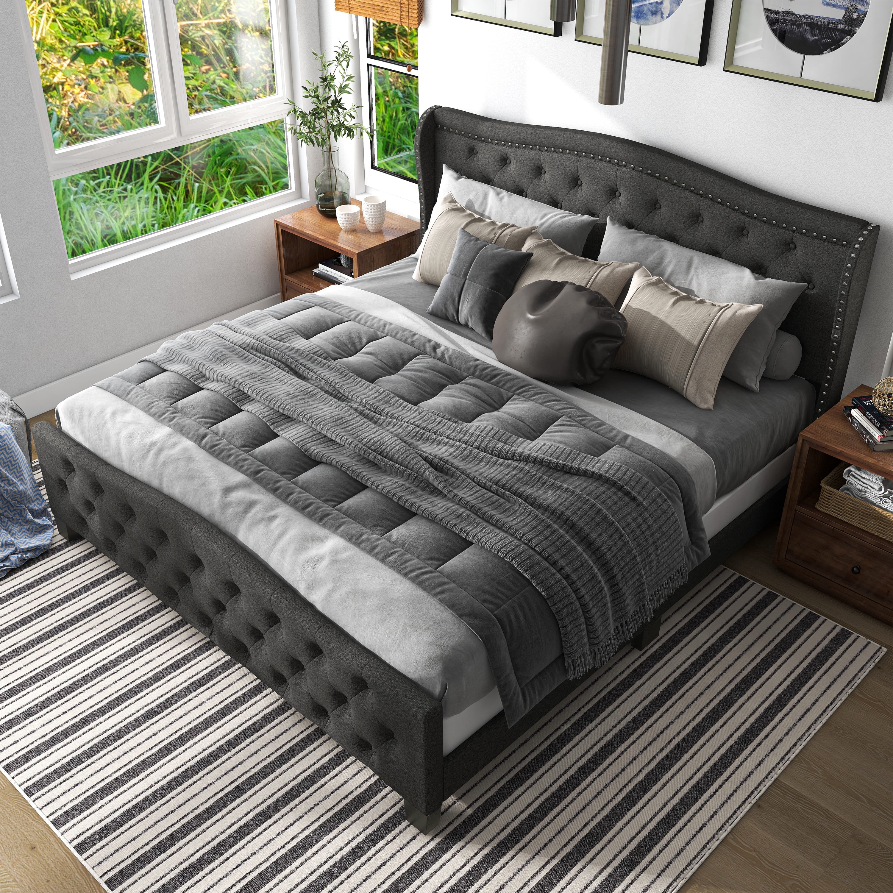 Furniture of America Hillcrest Fabric Tufted Bed, Dark Gray, Full