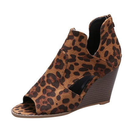 

Suede Slope heel Sandals for Women with Zipper Ladies Fashion Suede Leopard Print Back Zip Vintage Wedge Fish Mouth Sandals Coffee