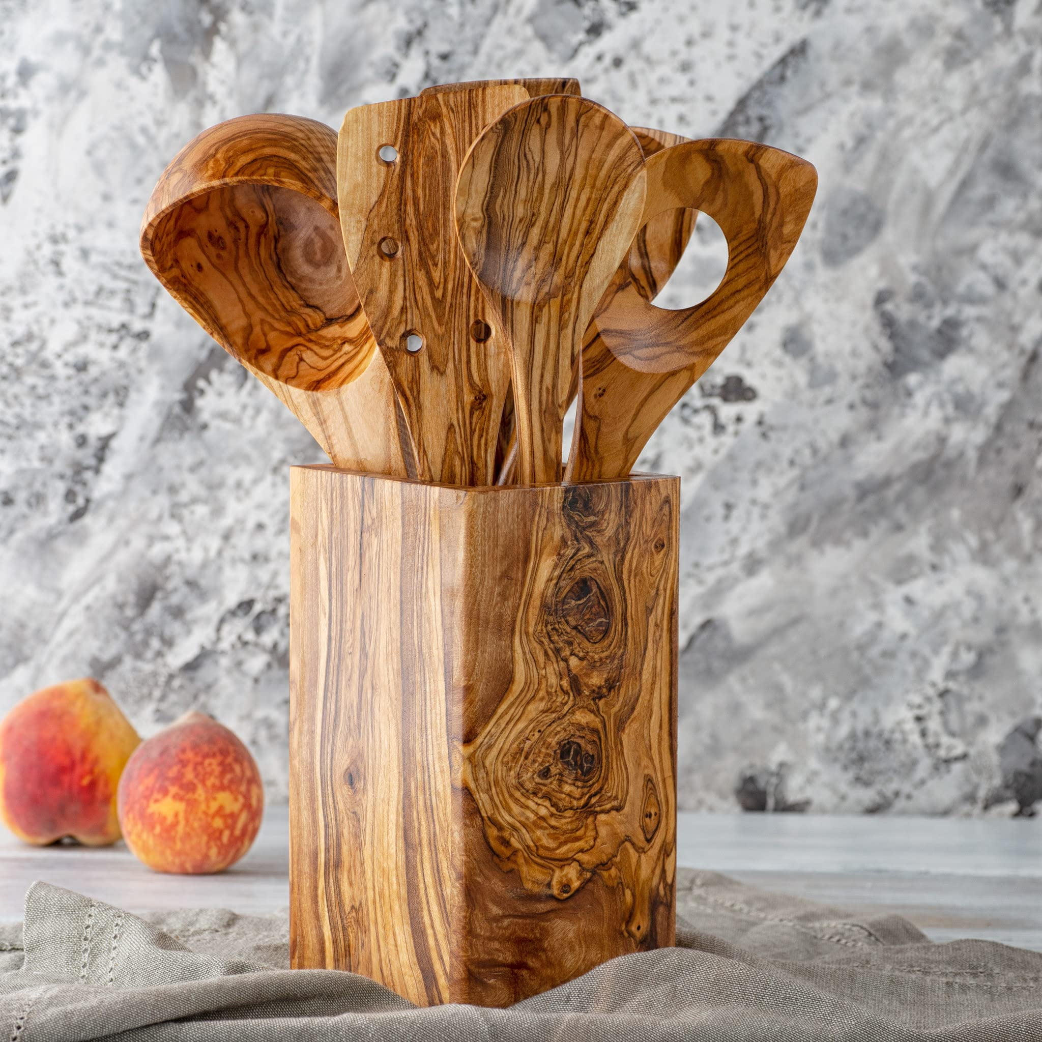 Olive Wood Large Utensil Holder - 6 x 4" Wooden Kitchenware Organizer - Utensil & Spoons Holder for Countertop