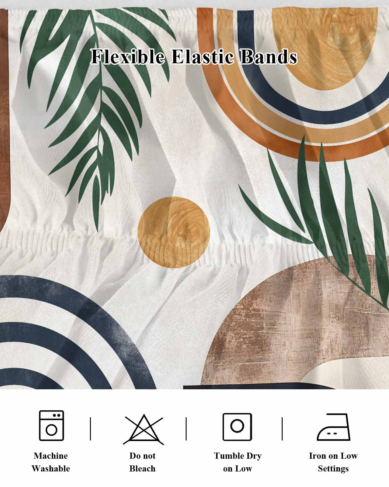 Abstract Boho Bed Skirt Cal King Size, Bohemian Palm Leaf Geometric Leaf Circle Wrap Around Bed Skirting with Adjustable Elastic Strap, Dust Ruffled Pleated Bedskirts 18 Inch Drop for Bedroom Beds