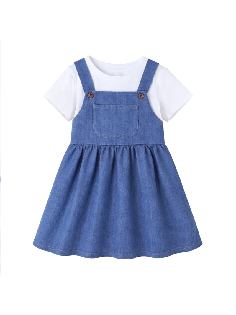 HILEELANG Toddler & Little Girls 100% Cotton Denim-Look Pinafore Dress with Front Pocket, Light Blue, 2T-8T