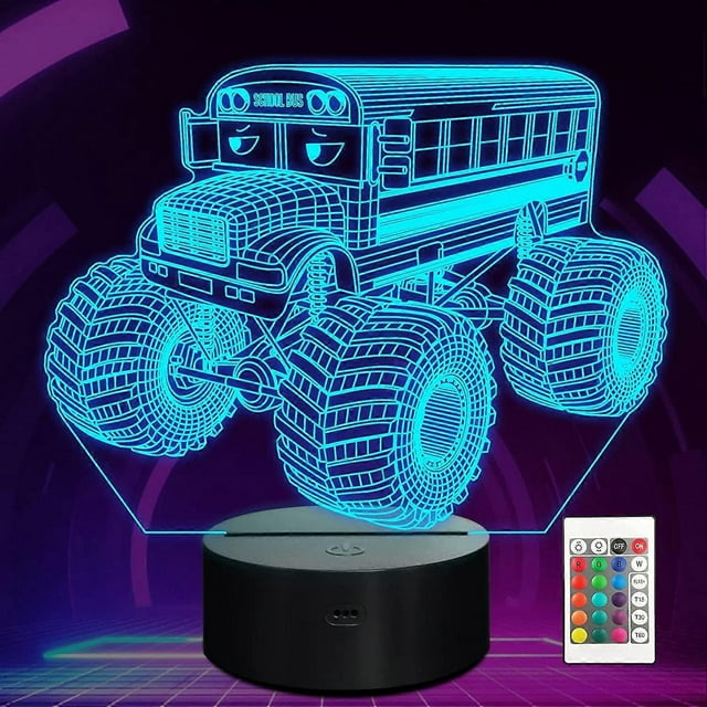 Qinwei Monster Trucks Night Light Busgo 3D Illusion Lamp 16 Colors Changing with Remote Control Creative Birthday Gifts for Kids Boys Bedroom Decor