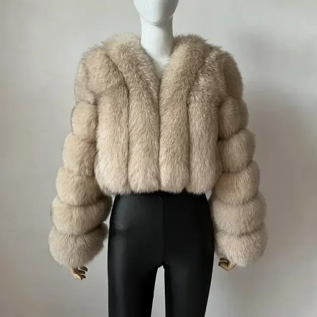 Abrigo de piel sintética de zorro con cuello en V para mujer, abrigo de invierno cálido de manga larga para mujer, chaqueta de piel de lujo a la moda, prendas de vestir elegantes de peluche 2024
