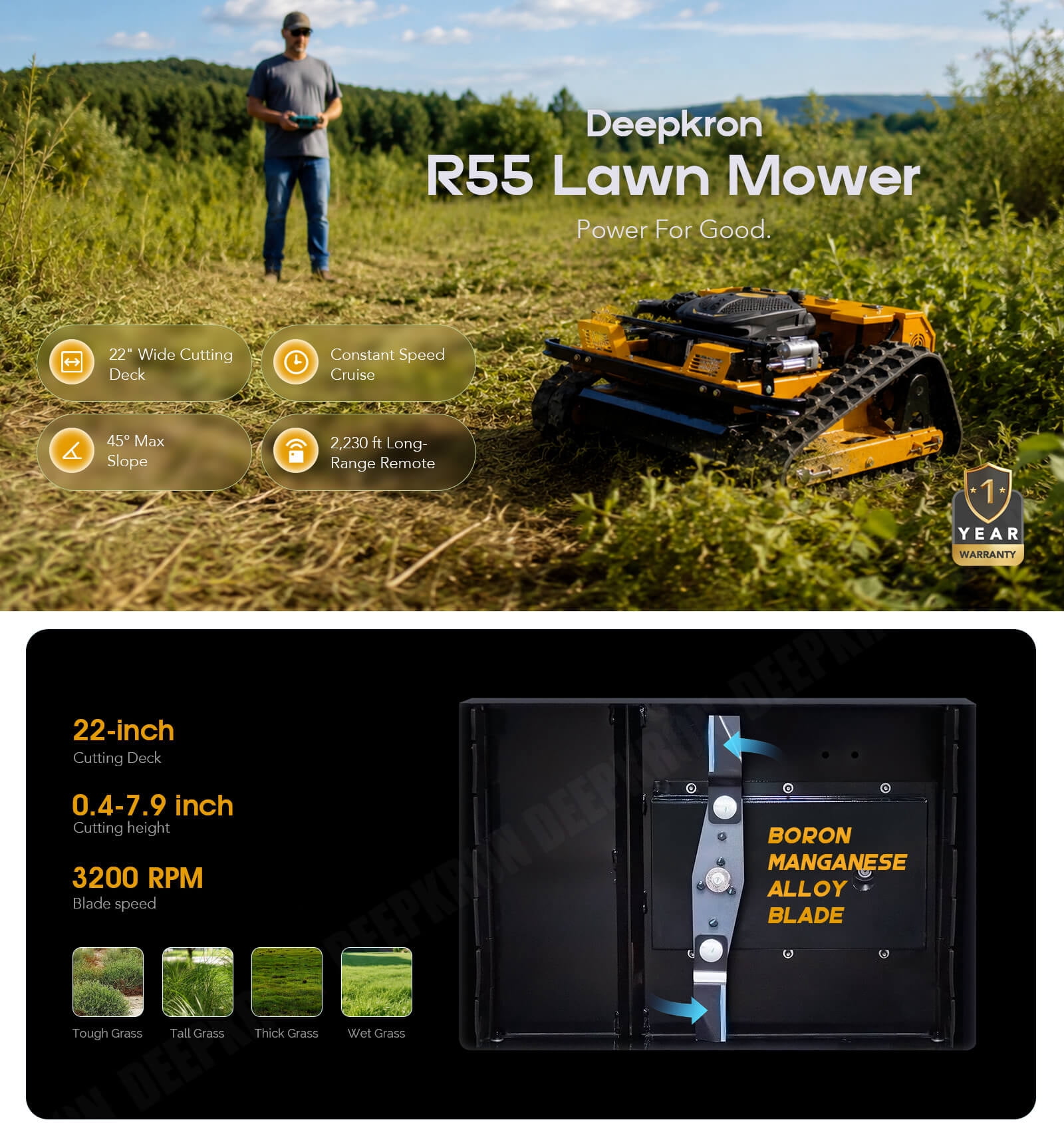 225CC 9HP 22" Robotic Remote Control Gas Lawn Mower Tracked 4WD Zero-Turn Slope