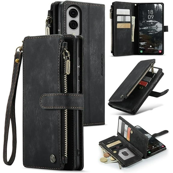 Samsung Galaxy S25 FE 5G Wallet Case with Card Holder Kickstand Magnetic Zipper Pocket Lanyard Strap Wristlet,Leather Flip Case Wallet for Samsung Galaxy S25 FE 5G 6.7 Inch